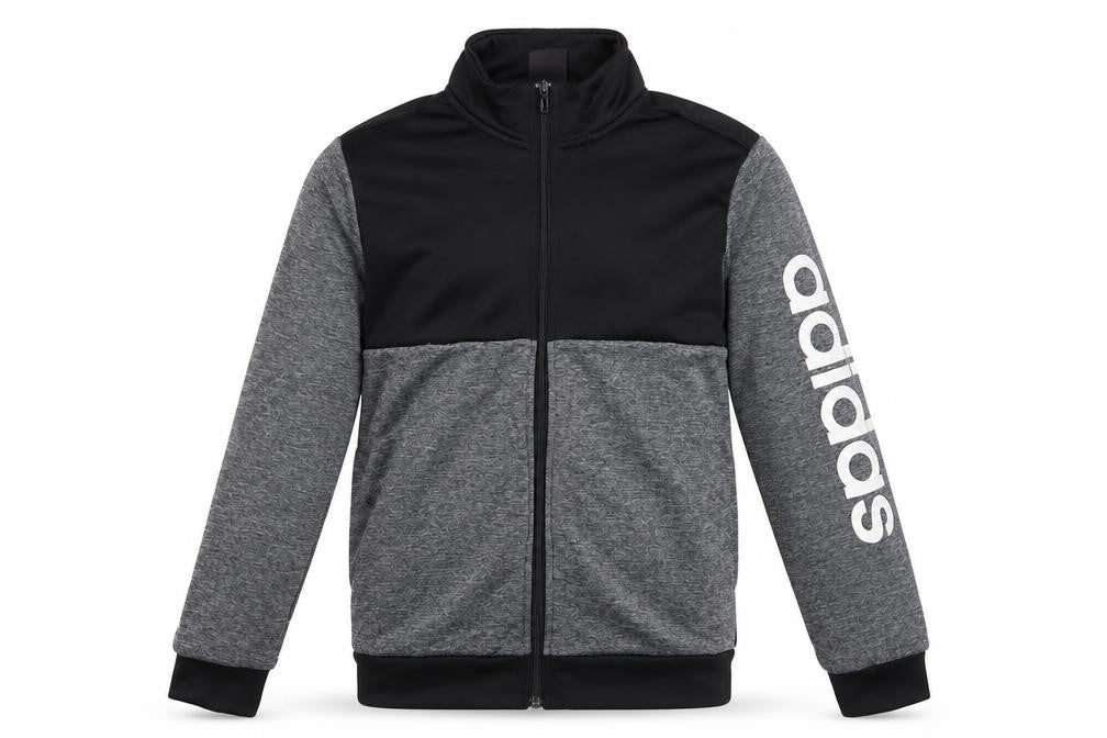 Front view of Adidas boys’ grey & black track jacket, size 13-14y full zip activewear