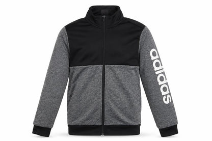 Front view of Adidas boys’ grey & black track jacket, size 13-14y full zip activewear