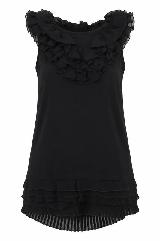 Front view of E-vie Women’s Black One Shoulder Ruffle Shift Dress, size UK 12