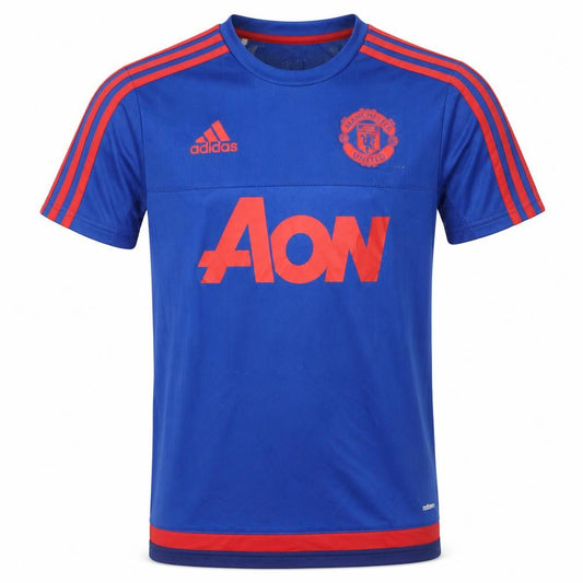 Front view of Adidas boys’ blue manchester united climacool football jersey 13-14 years