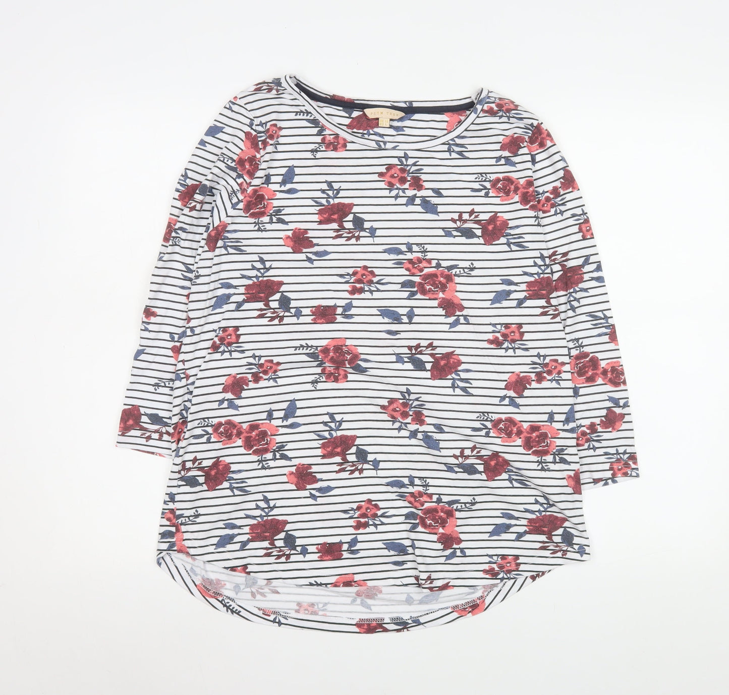 Plum Tree Womens White Floral Stripe 3/4 Sleeve T-Shirt UK 14