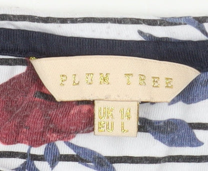 Plum Tree Womens White Floral Stripe 3/4 Sleeve T-Shirt UK 14