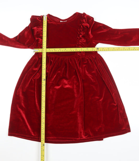 F&F Girls Red Velvet Ruffle A-Line Party Dress Size 6-7 Years