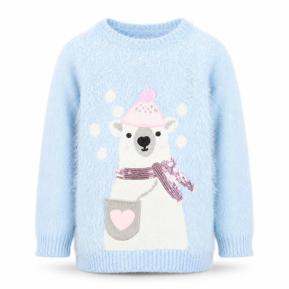 Dunnes Girls Blue Polar Bear Furry Jumper Age 7 Winter Pullover