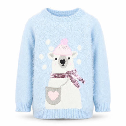Dunnes Girls Blue Polar Bear Furry Jumper Age 7 Winter Pullover