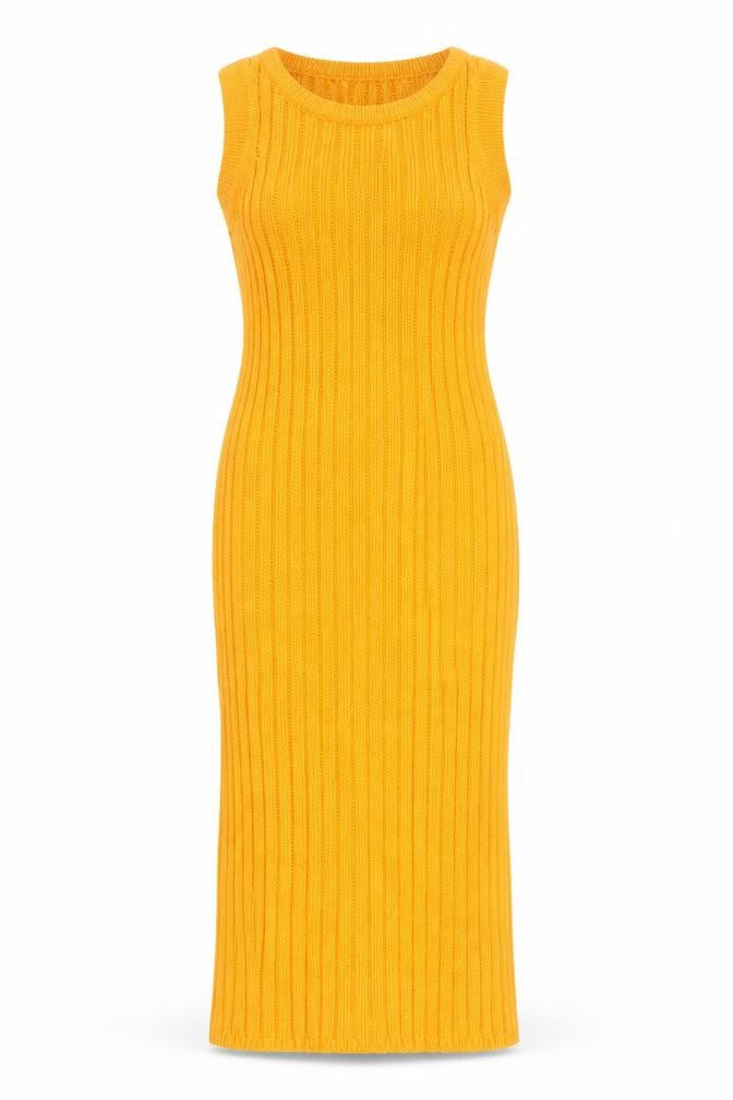 Front view of ASOS DESIGN Women’s Yellow Ribbed Knit Bodycon Midi Dress, size UK 6