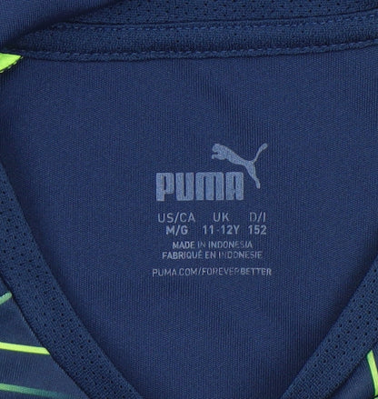 Puma Boys Blue Geometric Sports T-Shirt 11-12 Years Lightweight Quick Dry