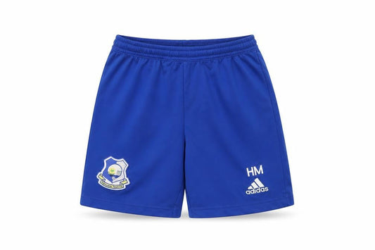 Front view of adidas boys’ blue football athletic shorts, size 10, years elastic waist