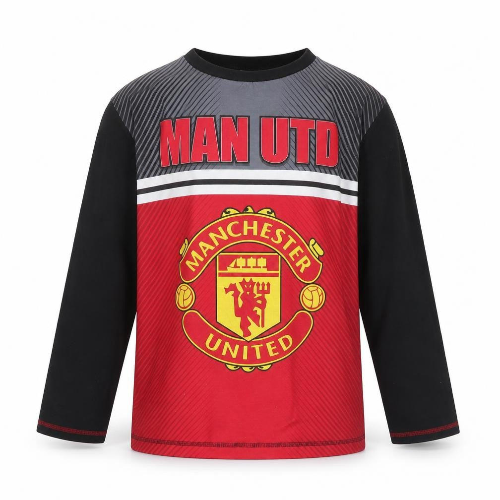 Front view of Manchester United boys’ red black 11-12 years long sleeve pyjama top