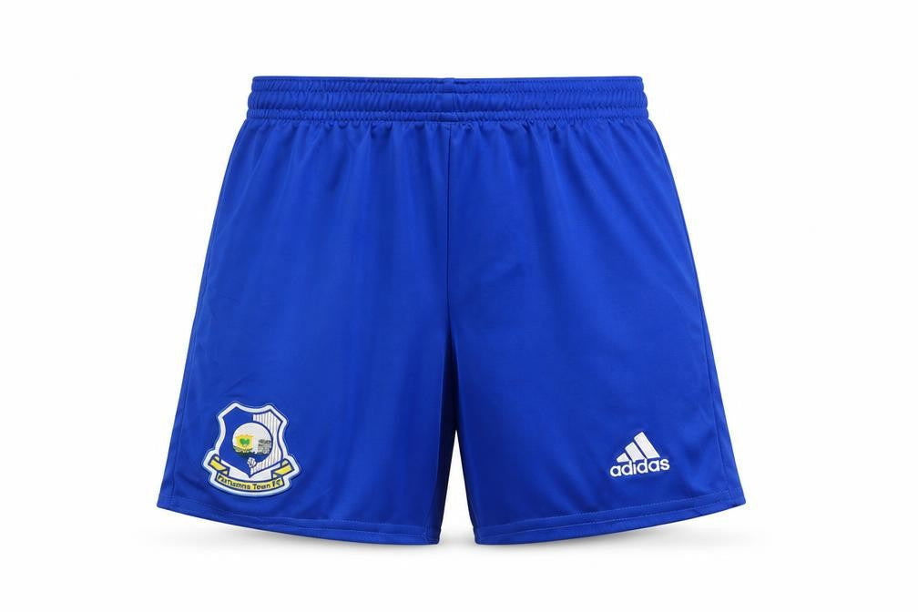Front view of Adidas boys’ blue athletic football shorts 9-10 years lightweight activewear
