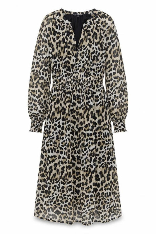 Front view of French Connection Women's Beige Leopard Print Midi Dress, size 12