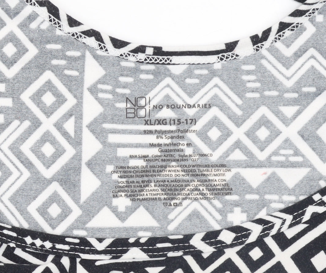 Brand and care label for No Boundaries Teens Black Aztec Geometric Tank Top XL Regular Stretch