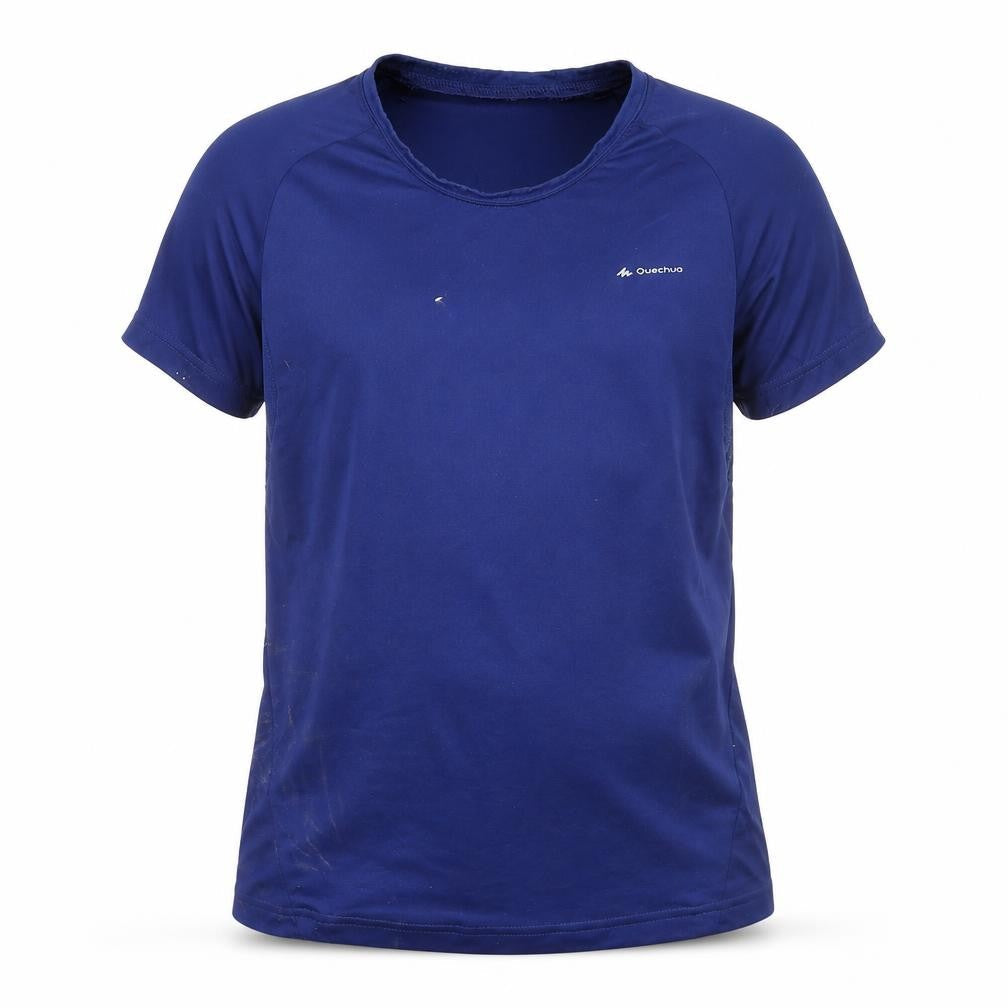 Front view of Quechua boys’ blue short sleeve hiking active t-shirt, size 14-15, years