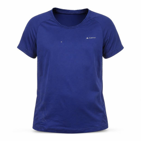 Front view of Quechua boys’ blue short sleeve hiking active t-shirt, size 14-15, years