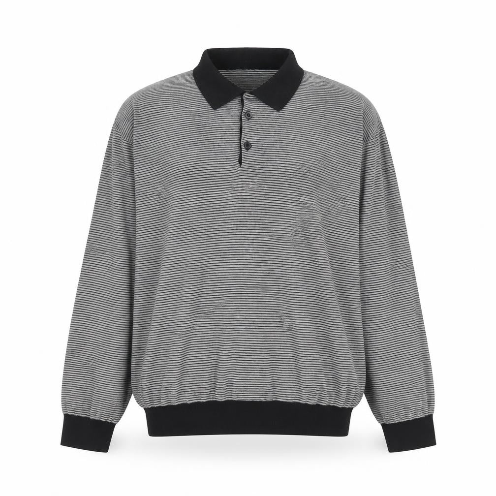 Peter Werth Men's Black Striped Cotton Long Sleeve Polo Shirt L