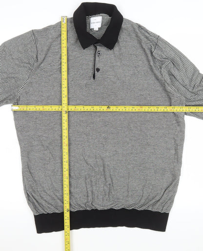 Peter Werth Men's Black Striped Cotton Long Sleeve Polo Shirt L