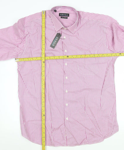 Zenga Men's Pink Striped 100% Cotton Long Sleeve Dress Shirt 17 Regular Fit