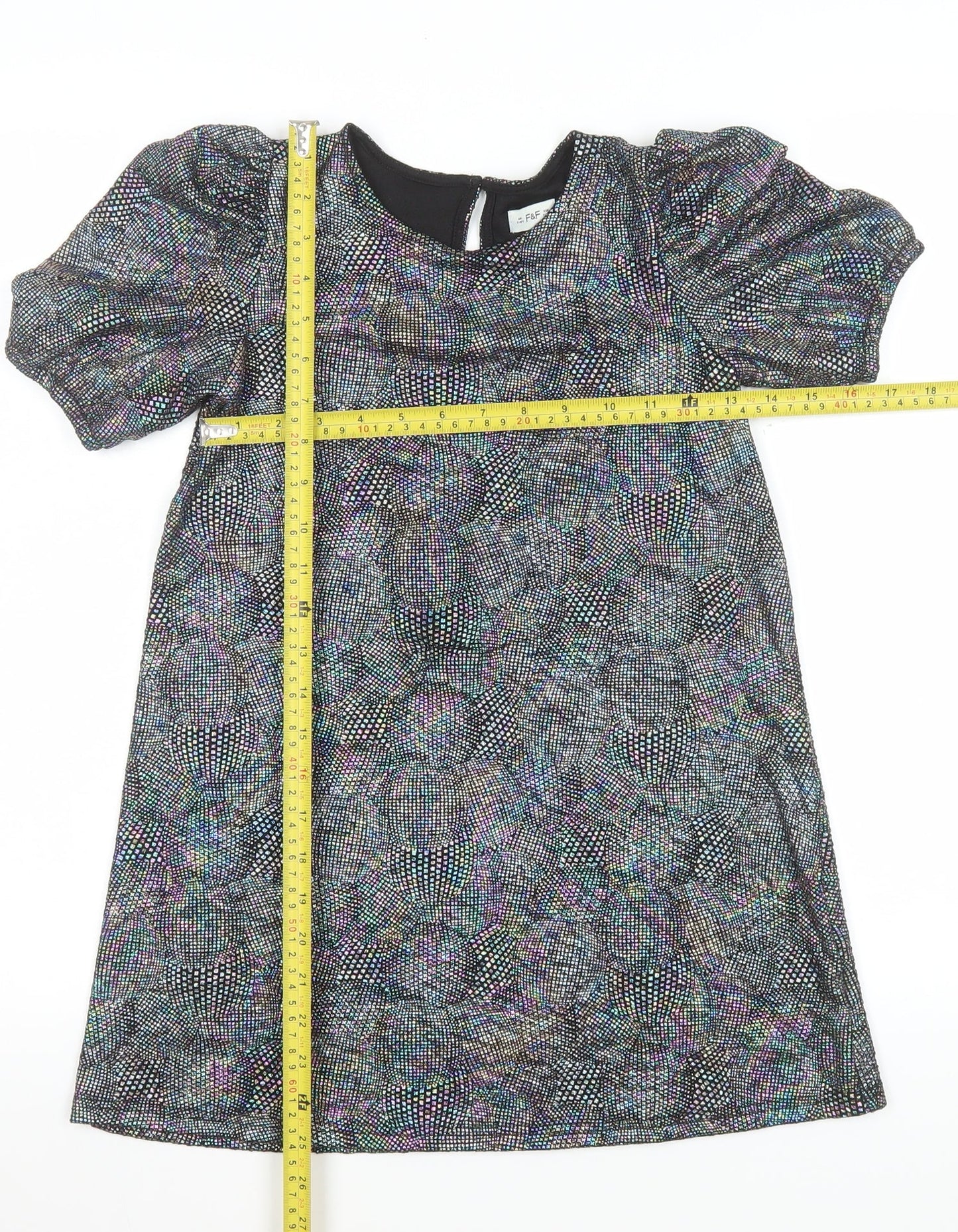 F&F Girls Black Glitter A-Line Party Dress 7-8 Years Puff Sleeve