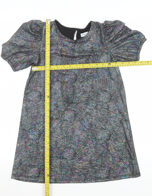 F&F Girls Black Glitter A-Line Party Dress 7-8 Years Puff Sleeve