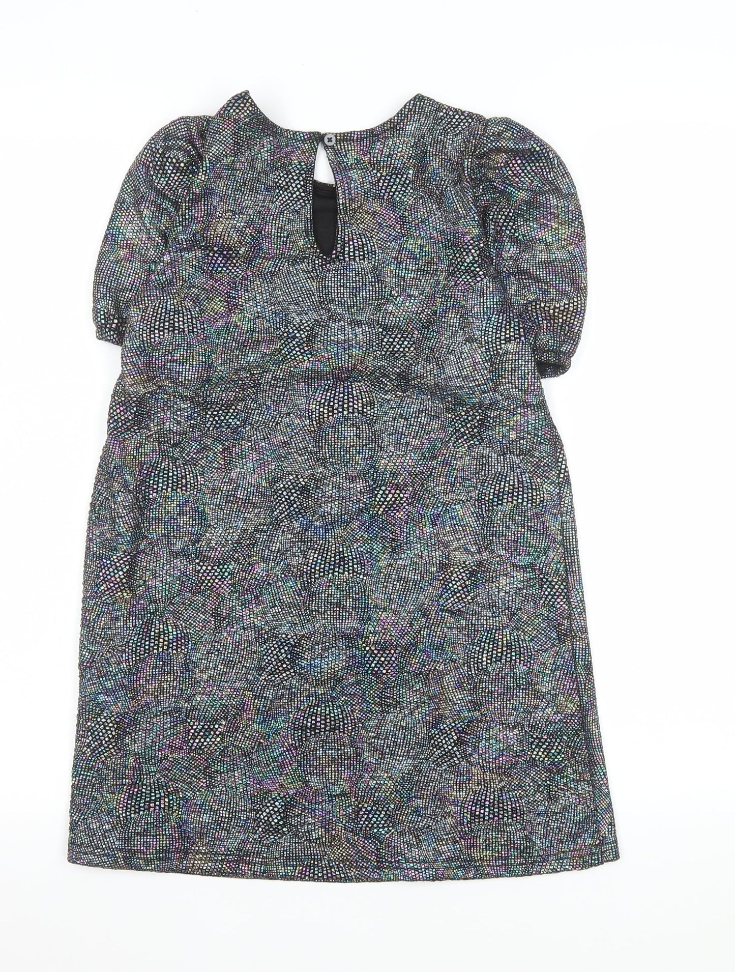 F&F Girls Black Glitter A-Line Party Dress 7-8 Years Puff Sleeve