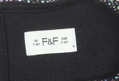 F&F Girls Black Glitter A-Line Party Dress 7-8 Years Puff Sleeve