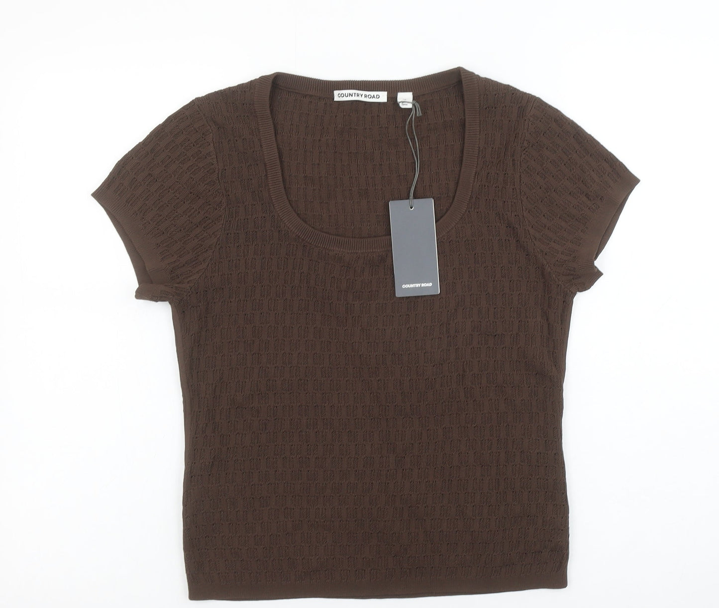 Country Road Women Brown Knit Short Sleeve Scoop Neck Top M