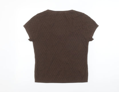 Country Road Women Brown Knit Short Sleeve Scoop Neck Top M