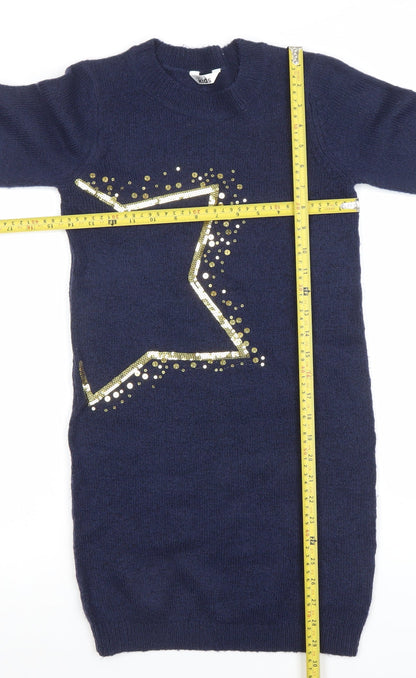 M&Co Girls Blue Sequin Star Long Sleeve Sweater Dress 8-9 Years