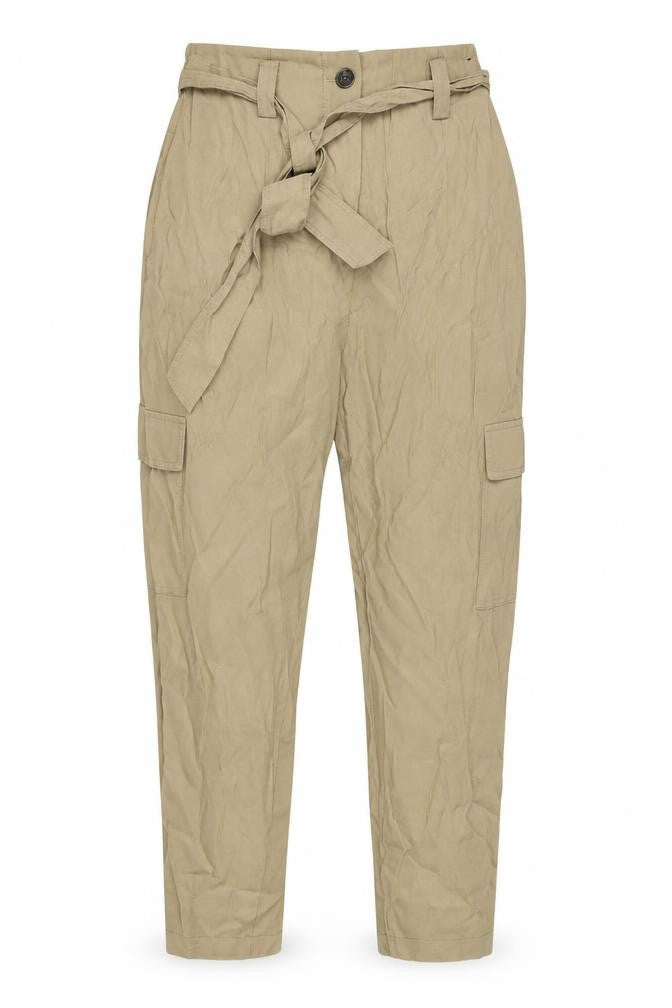 Front view of Dunnes Women’s Beige Cargo Belted High Rise Tapered Trousers, size UK 12