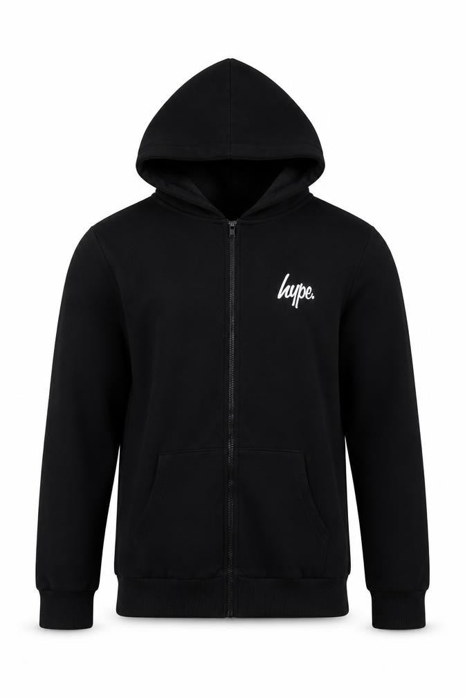 Front view of Hype unisex black full zip hoodie, size 14, cotton blend