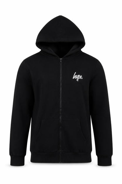 Front view of Hype unisex black full zip hoodie, size 14, cotton blend