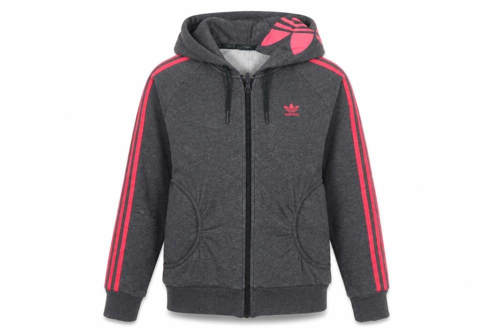 Front view of Adidas women’s grey full zip hoodie xs - pink stripes athletic fit