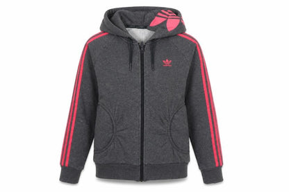 Front view of Adidas women’s grey full zip hoodie xs - pink stripes athletic fit