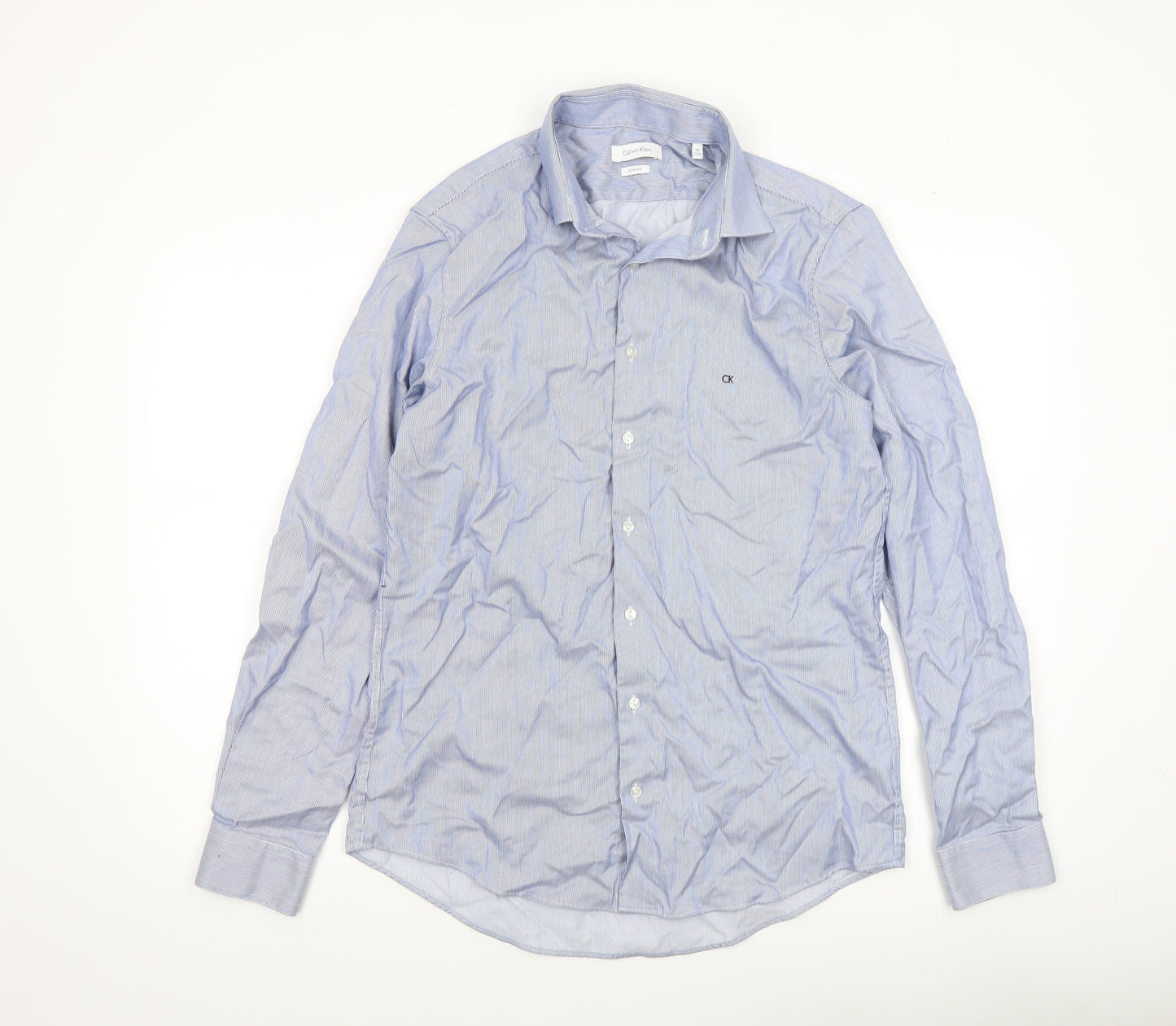 Calvin Klein Men's Blue Slim Fit Long Sleeve Striped Button-Up Shirt Size 15.75