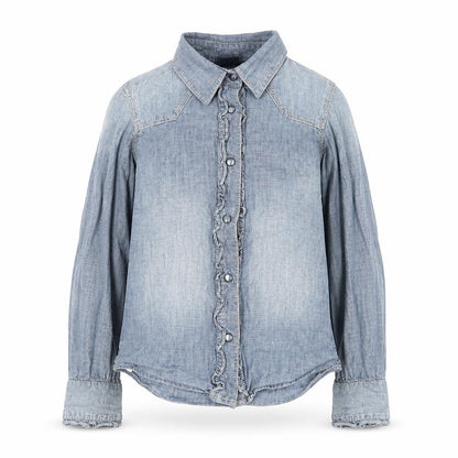 Front view of GapKids girls’ blue denim button-up ruffle shirt long sleeve 7 years