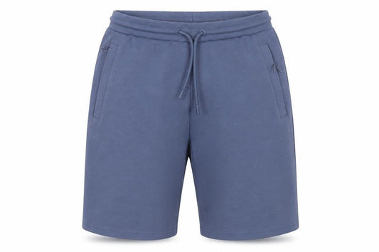 Front view of Dunnes boys’ blue sweat shorts s regular fit drawstring pockets