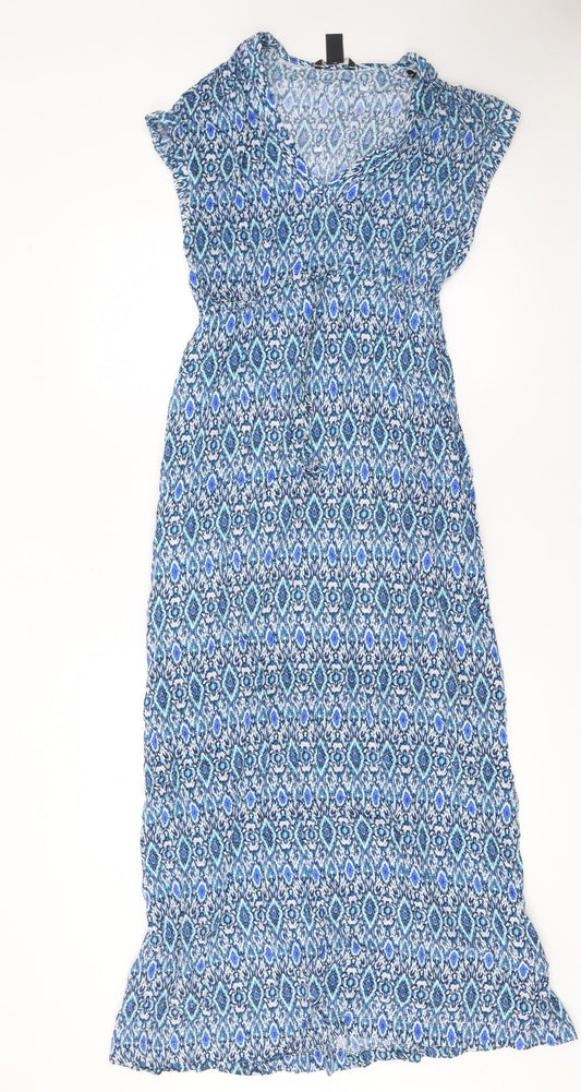 H&M Women's Blue Geometric V-Neck Midi Fit & Flare Dress Size 8