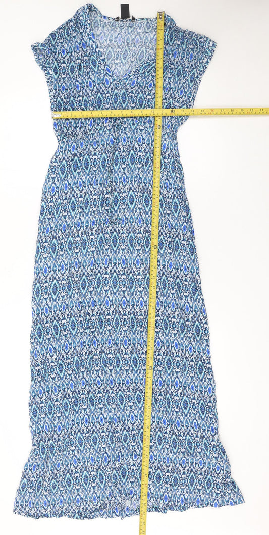 H&M Women's Blue Geometric V-Neck Midi Fit & Flare Dress Size 8