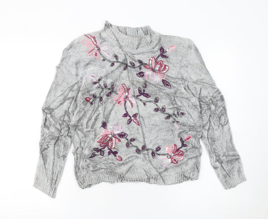 Alfred Dunner Women's Grey Floral Embroidered Mock Neck Petite L Jumper