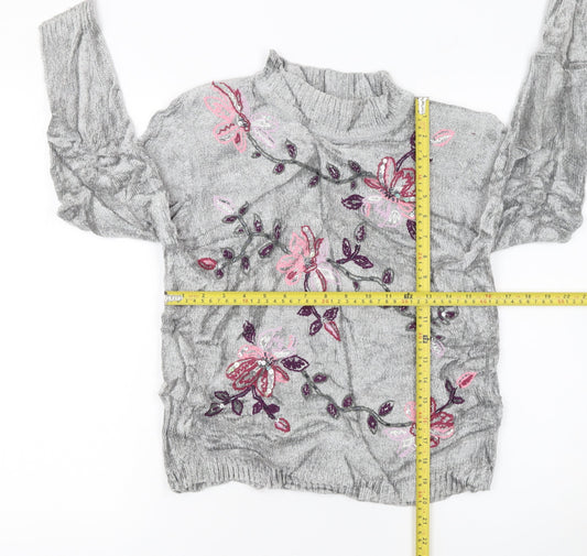 Alfred Dunner Women's Grey Floral Embroidered Mock Neck Petite L Jumper