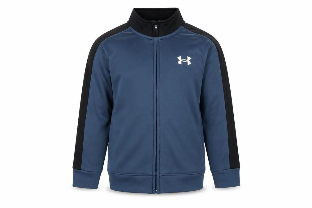 Front view of Under Armour boys’ blue full zip sweatshirt 5-6 years sports jacket
