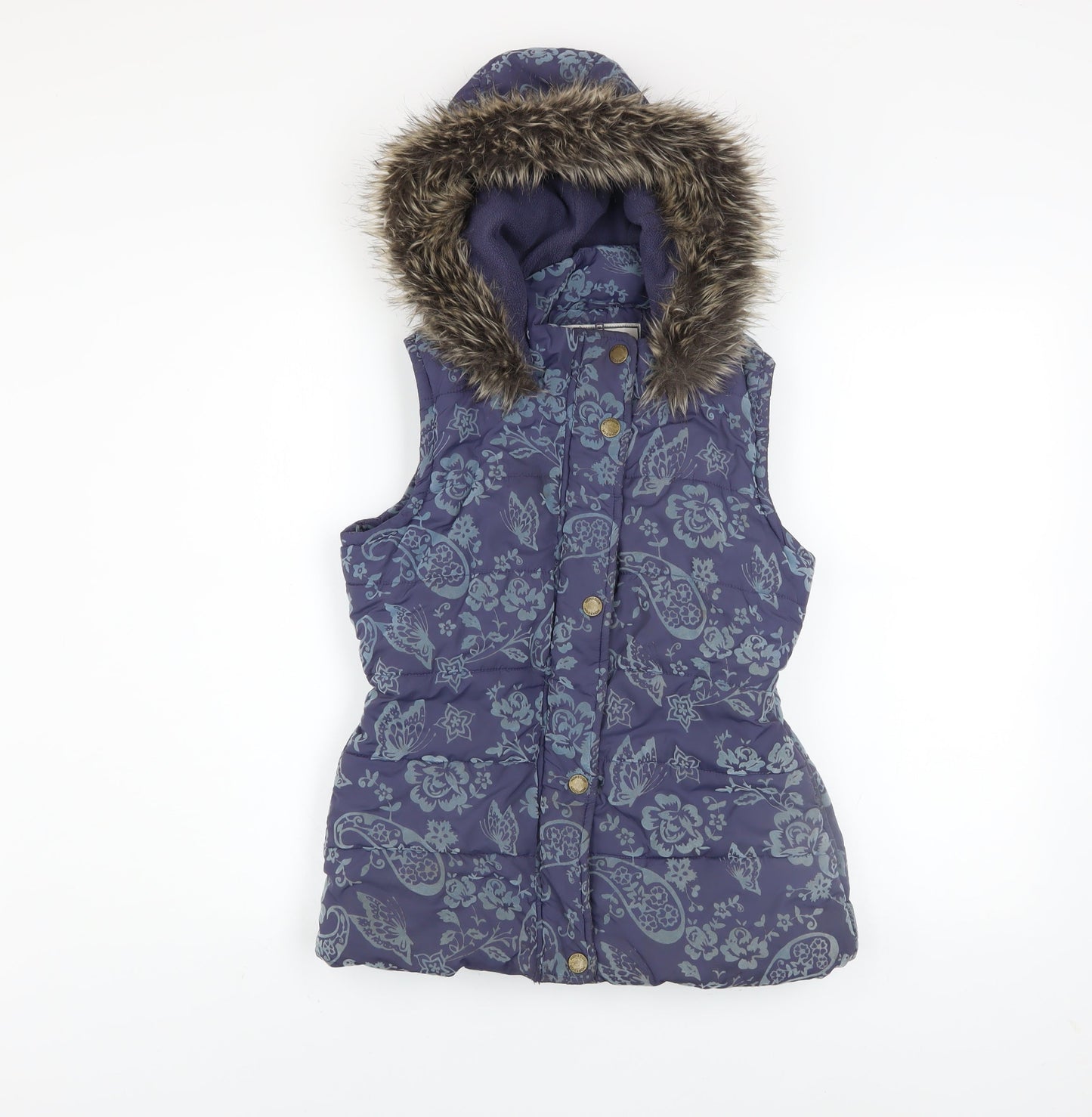 Monsoon Girls Blue Floral Hooded Puffer Gilet 12-13 Years Faux Fur Trim