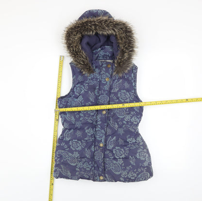 Monsoon Girls Blue Floral Hooded Puffer Gilet 12-13 Years Faux Fur Trim