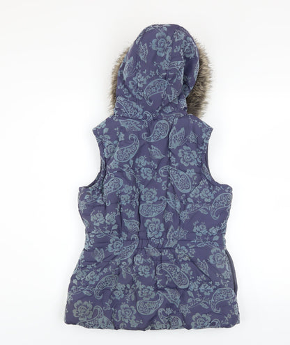Monsoon Girls Blue Floral Hooded Puffer Gilet 12-13 Years Faux Fur Trim