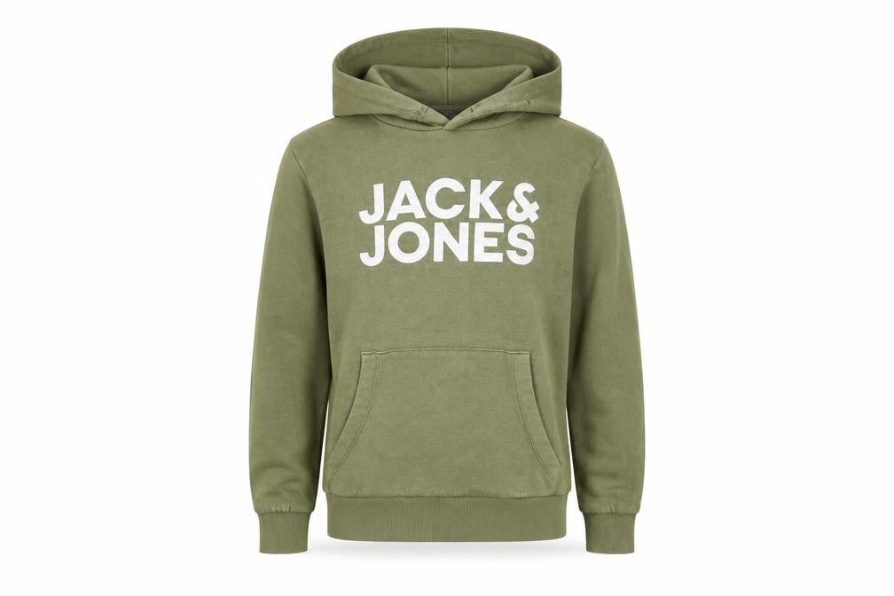 Front view of Jack & Jones boys’ green hoodie, size 152, pullover fleece logo sweatshirt