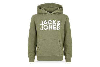 Front view of Jack & Jones boys’ green hoodie, size 152, pullover fleece logo sweatshirt