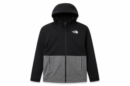 Front view of The North Face boys’ black grey full zip hooded fleece hoodie, size L