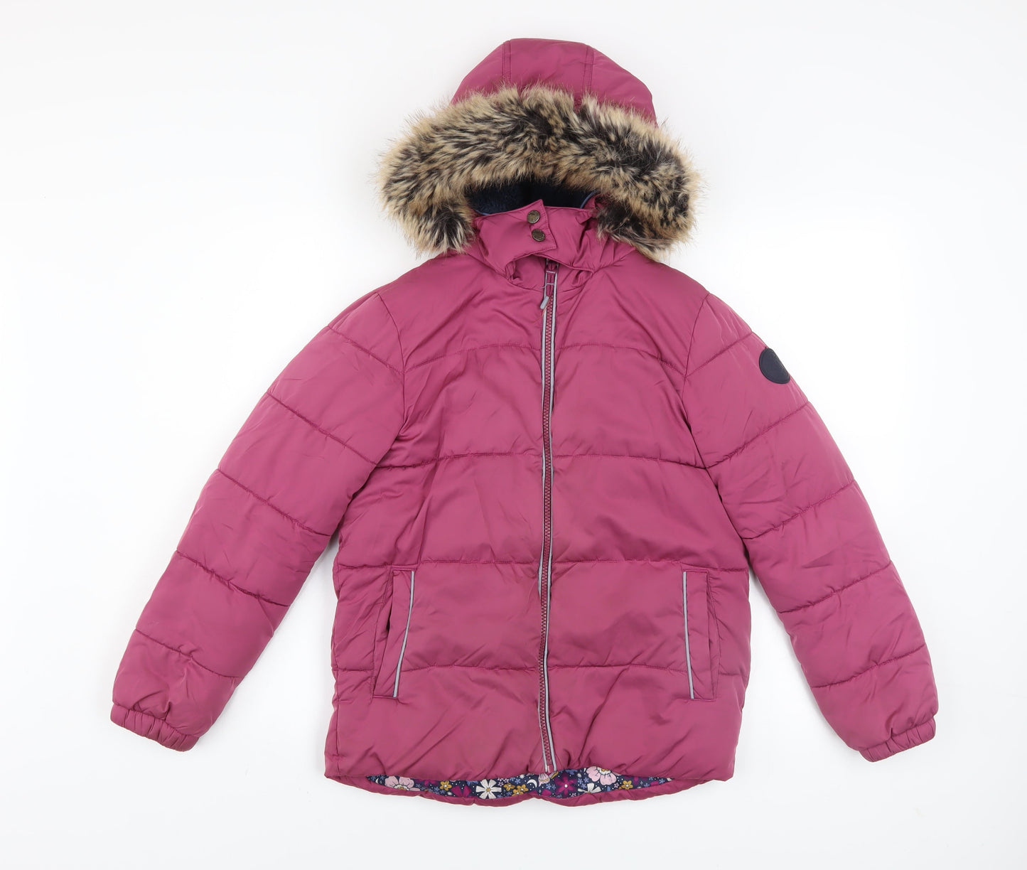 FatFace Girls Pink Faux Fur Hooded Puffer Jacket Coat 10-11 Years