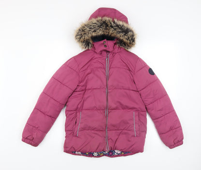 FatFace Girls Pink Faux Fur Hooded Puffer Jacket Coat 10-11 Years