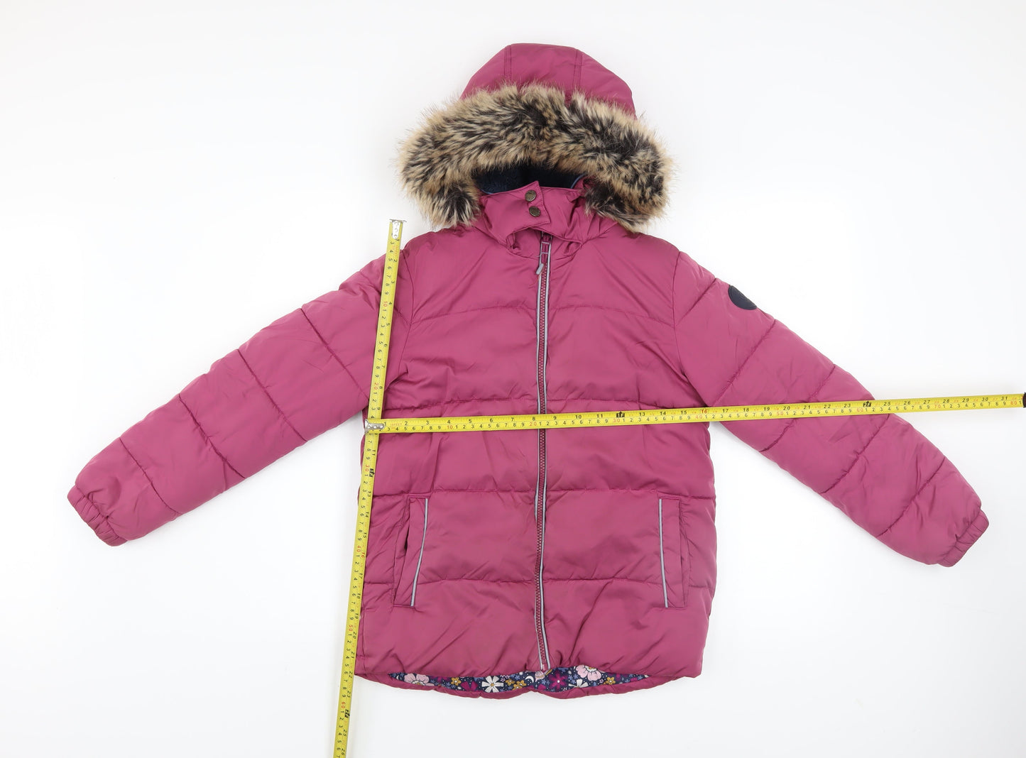 FatFace Girls Pink Faux Fur Hooded Puffer Jacket Coat 10-11 Years